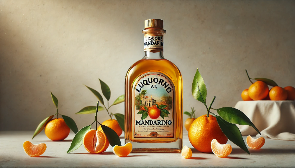 Пляшка лікеру Liquore al Mandarino на мармуровій поверхні в оточенні свіжих італійських мандаринів у природному освітленні