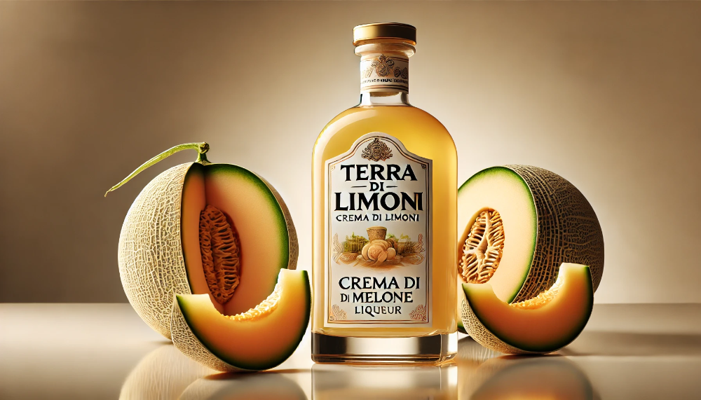 Пляшка лікеру Terra di Limoni Crema di Melone на світлій поверхні в оточенні часточок свіжої дині у м'якому освітленні