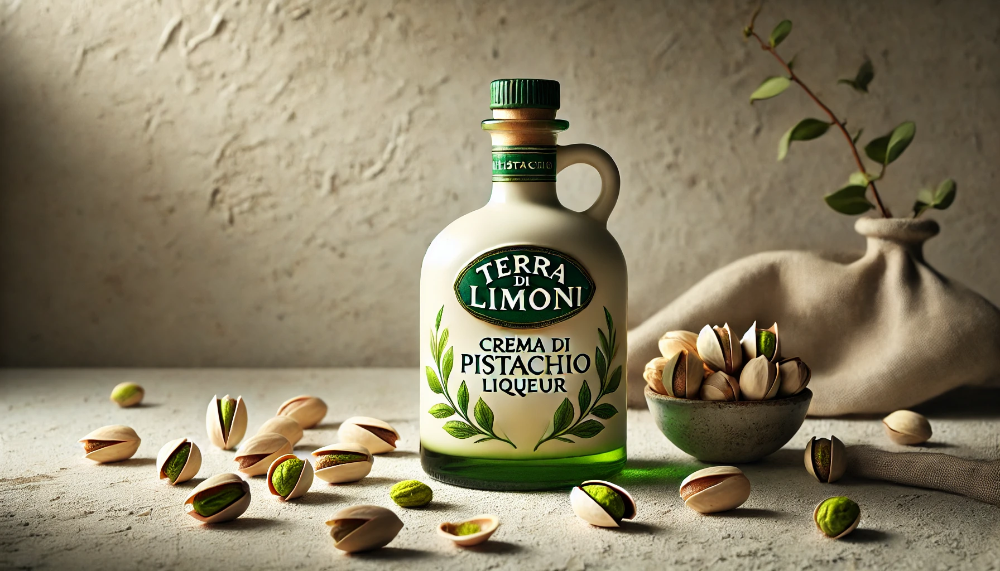 Пляшка лікеру Terra di Limoni Crema di Pistacchio на мармуровій поверхні в оточенні свіжих фісташок у природному освітленні