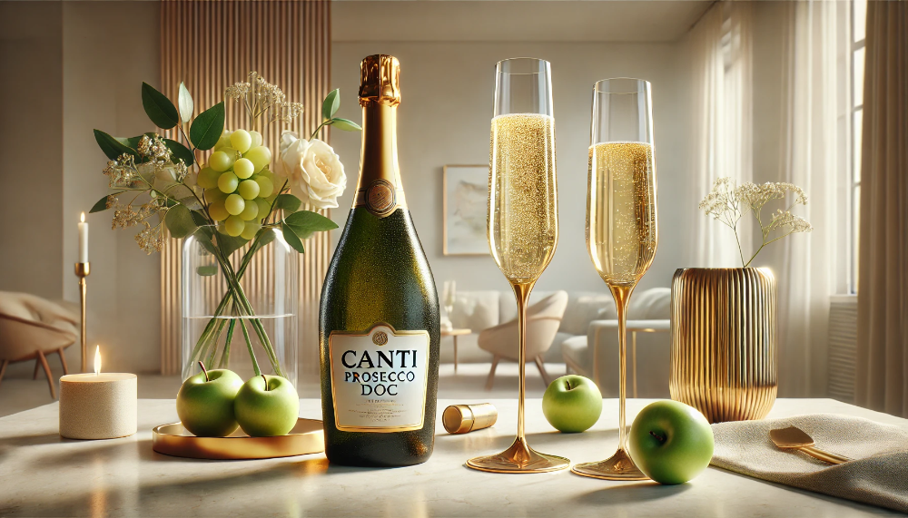 Охолоджена пляшка Canti Prosecco з келихами, свіжими фруктами та квітами в сучасному інтер'єрі