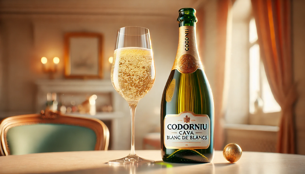 Пляшка Codorniu Cava Blanc de Blancs та келих з ігристим вином на мармуровому столі у теплому природному освітленні