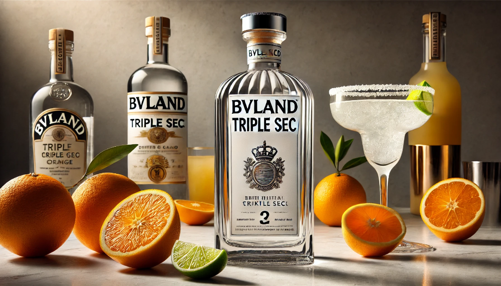 Пляшка лікеру BVLand Triple Sec на мармуровій поверхні в оточенні свіжих цитрусових та коктейлю Маргарита в природному освітленні