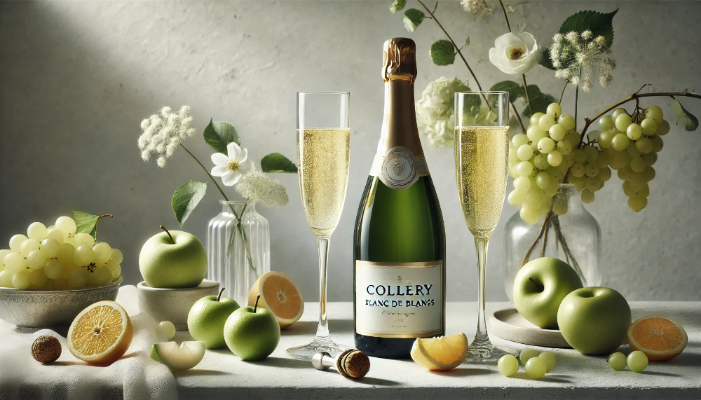 Пляшка Collery Blanc de Blancs з келихами та композицією з білих фруктів на світлому фоні з квітами