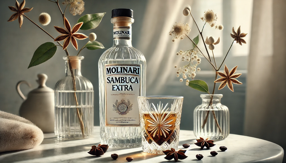 Пляшка Molinari Sambuca Extra на мармуровому столі поряд з кришталевою склянкою лікеру та трьома кавовими зернами