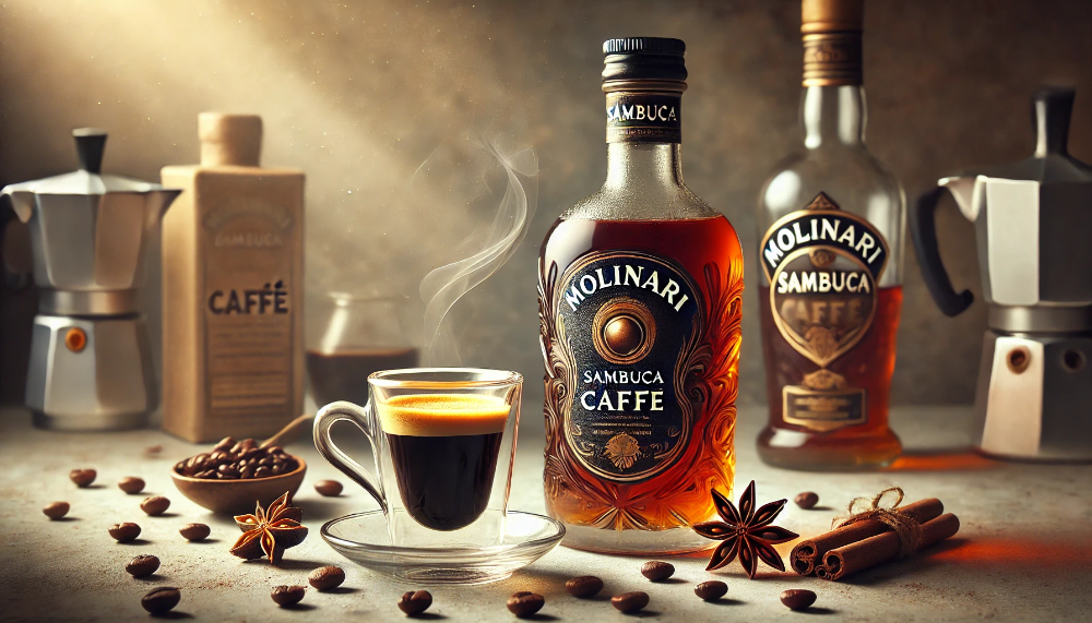 Пляшка Molinari Sambuca Caffè на мармуровому столі з келихом лікеру та чашкою еспресо серед кавових зерен