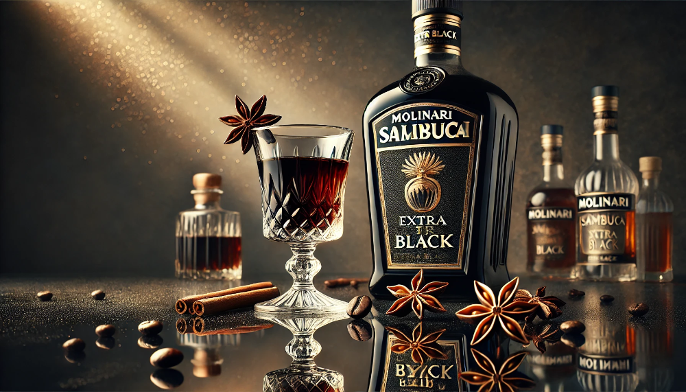 Пляшка Molinari Sambuca Extra Black з келихом темного лікеру, прикрашеним кавовими зернами, на тлі спецій