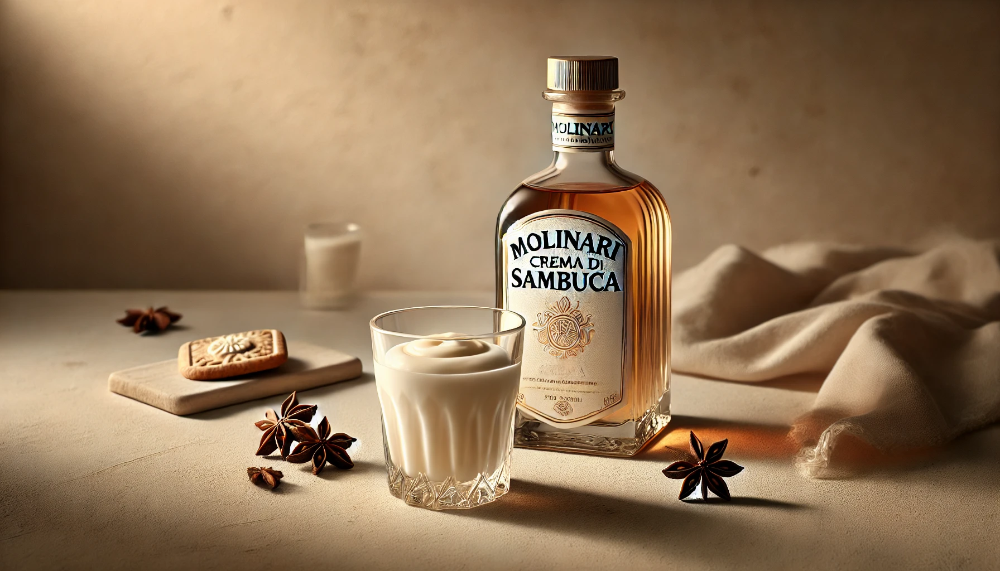 Пляшка Molinari Crema di Sambuca з кришталевим келихом кремового лікеру на тлі анісових зірочок