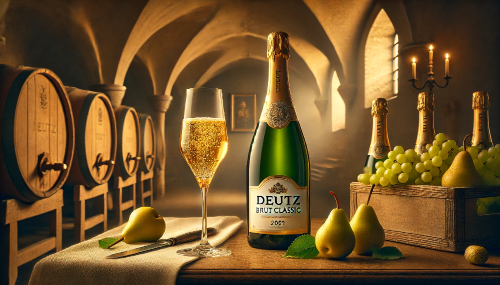 Пляшка Deutz Brut Classic з келихами та фруктами на тлі старовинного винного погребу