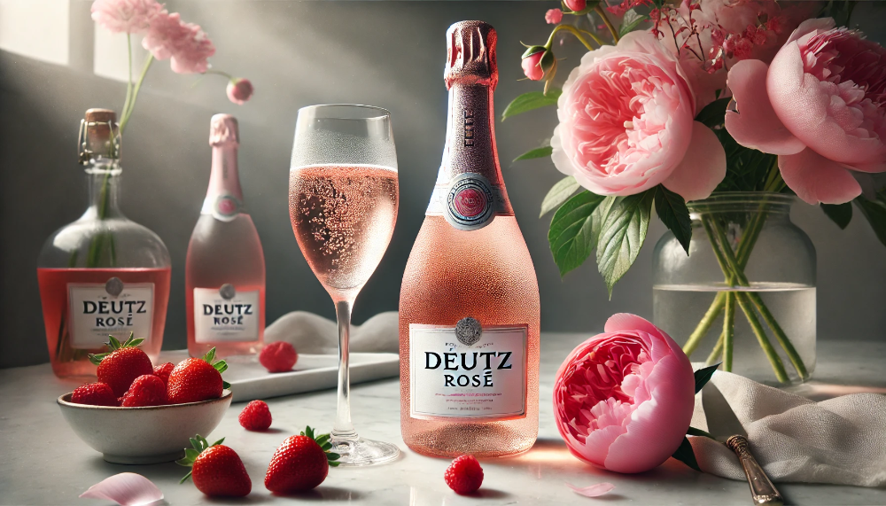 Пляшка Deutz Rosé та келих з рожевим шампанським на мармуровому столі, прикрашені свіжими ягодами та ніжними півоніями