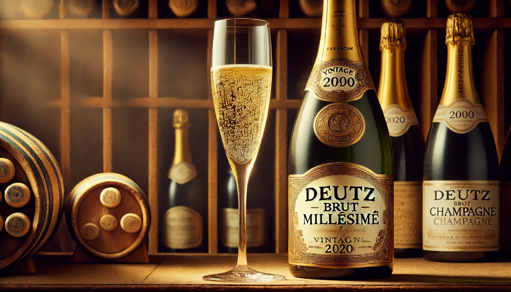 Вінтажна пляшка Deutz Brut Millésimé на дерев'яній винній полиці поруч з келихом шампанського на фоні винного погребу