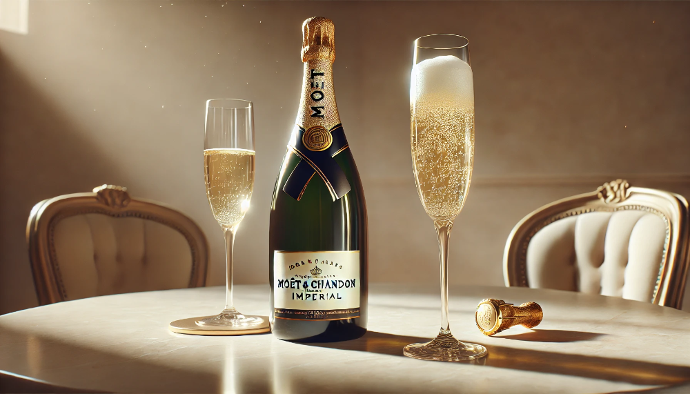 Пляшка Moët & Chandon Imperial та два келихи для шампанського на мармуровому столі з вишуканим освітленням