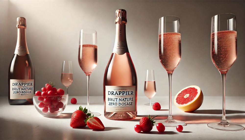 Пляшка Drappier Zero Dosage Rosé з келихами рожевого шампанського в оточенні свіжих ягід та цитрусів