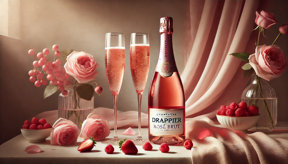 Пляшка Drappier Rosé Brut з келихами рожевого шампанського на мармуровому столі з ягодами та пелюстками троянд