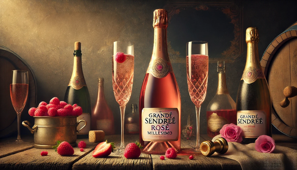 Пляшка Grande Sendrée Rosé Millésime 2010 з келихами рожевого шампанського серед ягід та троянд у винному погребі