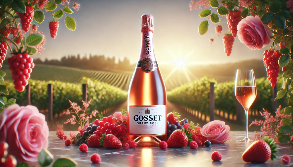 Пляшка Gosset Grand Rosé на мармуровому столі з ягодами, пелюстками троянд та фоном виноградника на заході сонця