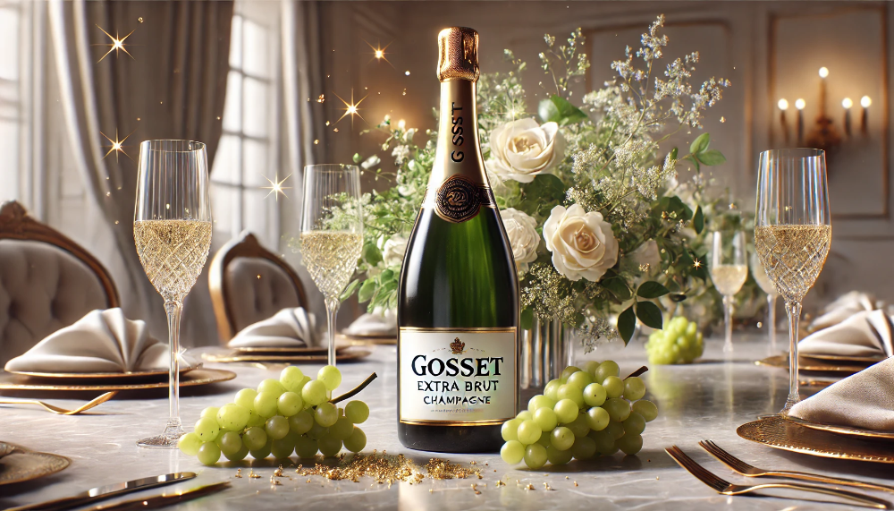 Пляшка шампанського Gosset Extra Brut на мармуровій поверхні з білими квітами та зеленим виноградом