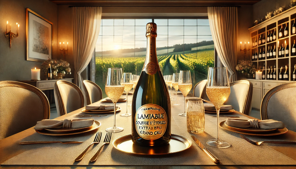 Елегантна пляшка Lamiable Souffle d'Étoiles Extra Brut Grand Cru на столі з келихами, на фоні виноградника при заході сонця