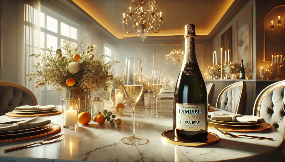 Шампанське Lamiable Cuvée Féerie 2017 Extra Brut на мармуровому столі з келихами, фруктами та квітами у стильному інтер’єрі