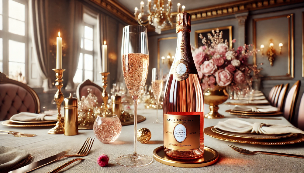 Фотографія пляшки шампанського Louis Roederer Cristal Rosé з келихом у розкішній атмосфері