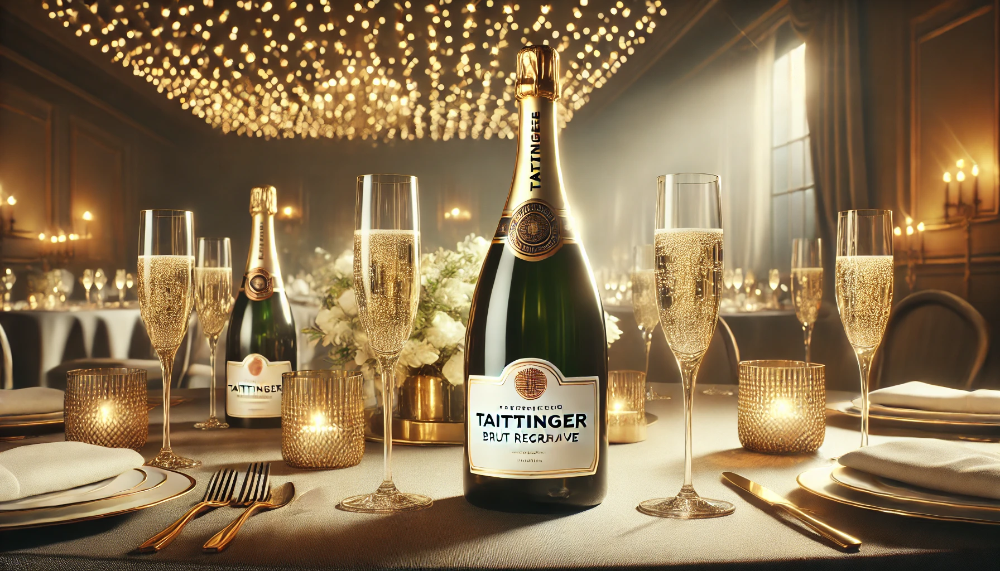 Бутилка шампанського Taittinger Brut Réserve на столі з келихами та золотистим освітленням