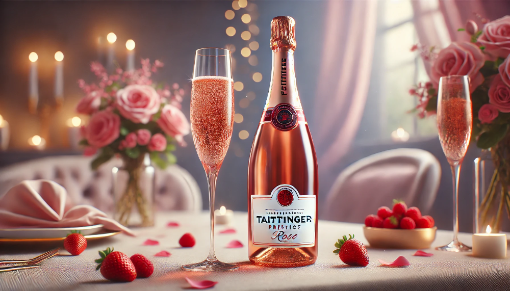 Фотографія пляшки Taittinger Prestige Rosé з келихом на столі з ягодами та пелюстками троянд в романтичній атмосфері