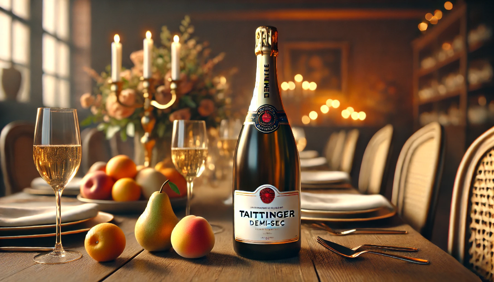 Бутилка шампанського Taittinger Demi-Sec на столі з фруктами, у романтичній атмосфері зі свічками і м'яким освітленням