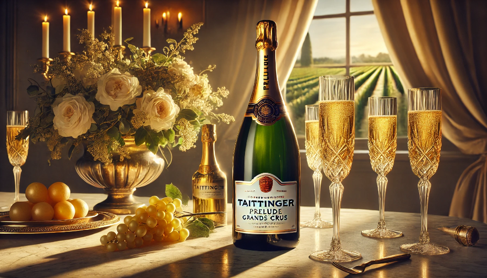 Пляшка шампанського Taittinger Prélude Grands Crus з келихами на мармуровому столі та виноградники на задньому плані