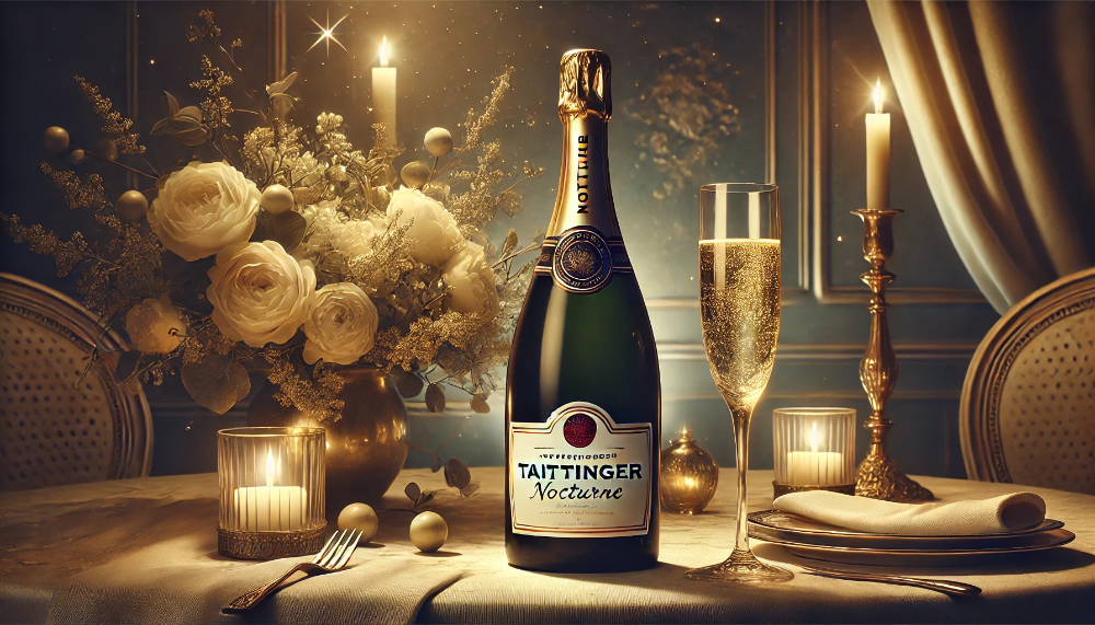 Шампанське Taittinger Nocturne на романтичному столі зі свічкою та квітами