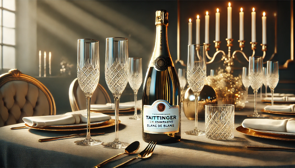 Пляшка шампанського Taittinger Blanc de Blancs на елегантному святковому столі