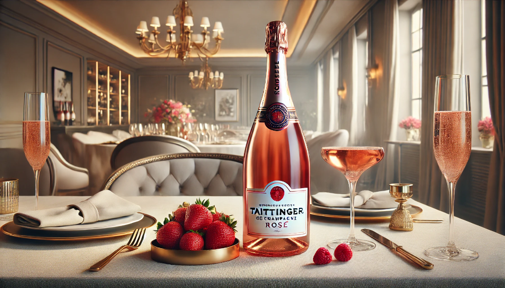 Пляшка Taittinger Comtes de Champagne Rosé на столі з келихом, ягодами та елегантним сервіруванням