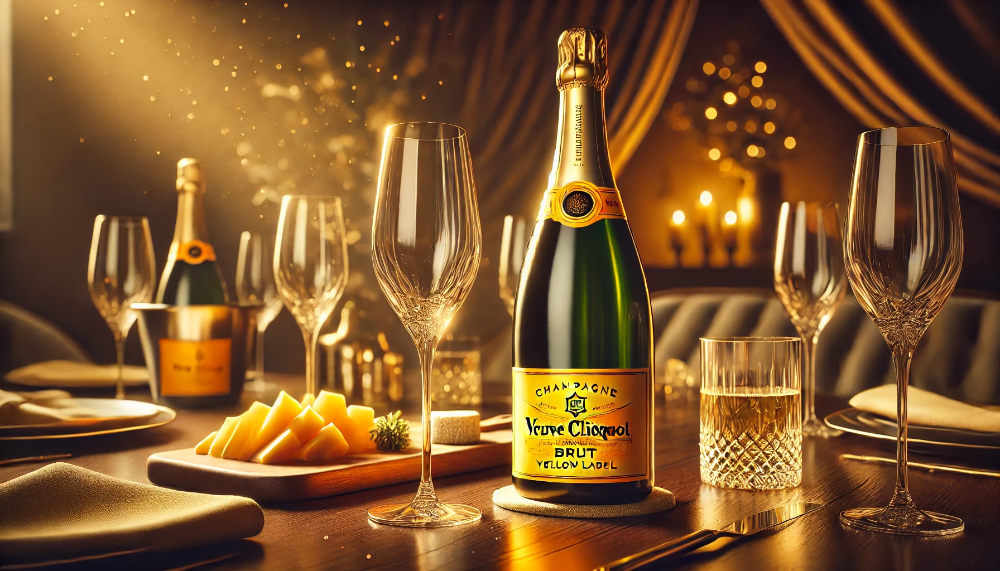 Пляшка Veuve Clicquot Brut Yellow Label на дерев'яному столі з келихами, сиром та святковим декором