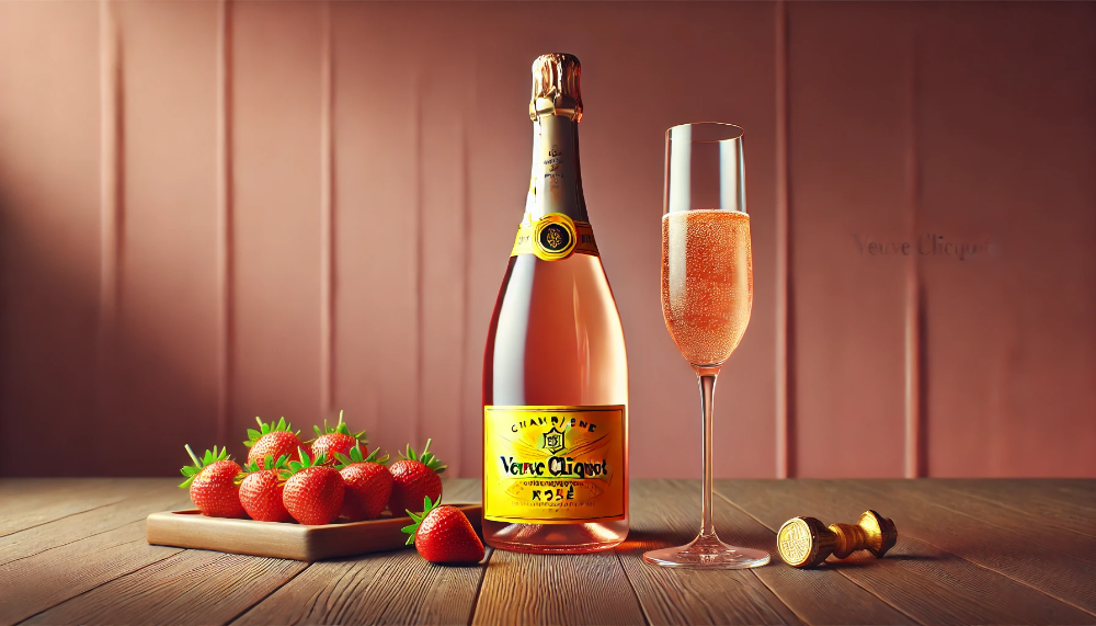 Бутилка Veuve Clicquot Rosé на дерев'яному столі, келих із шампанським і полуниця, розкішна атмосфера з м'яким рожевим освітленням