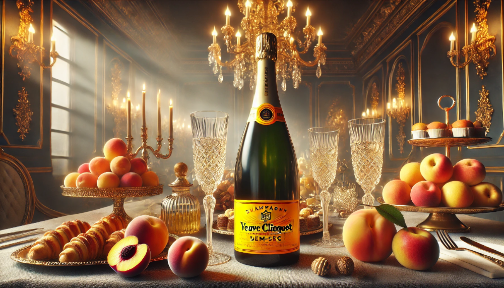 Пляшка Veuve Clicquot Rich на столі з келихами, фруктами та льодом біля басейну влітку