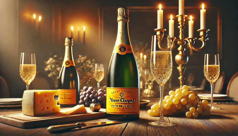 Пляшка шампанського Veuve Clicquot Extra Brut Extra Old на столі з келихами, сиром, виноградом та багетом у витонченій атмосфері.