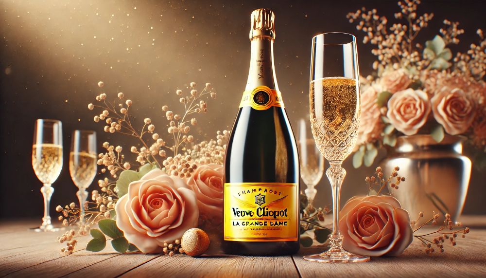 Пляшка Veuve Clicquot La Grande Dame на столі з келихами, квітковим декором і теплим золотистим освітленням