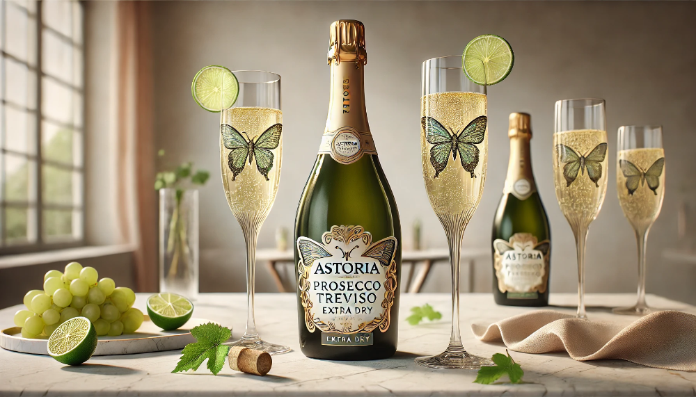 Охолоджена пляшка Astoria Prosecco Butterfly Extra Dry з келихами-флюте на мармуровій поверхні з декором із листя