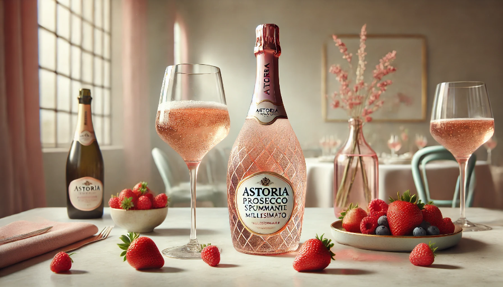 Охолоджена пляшка Astoria Prosecco Rose з келихами та свіжими ягодами на мармуровому столі в пастельних тонах