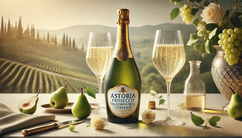 Охолоджена пляшка Astoria Prosecco DOCG Valdobbiadene з келихами та свіжими фруктами на мармурі з краєвидом