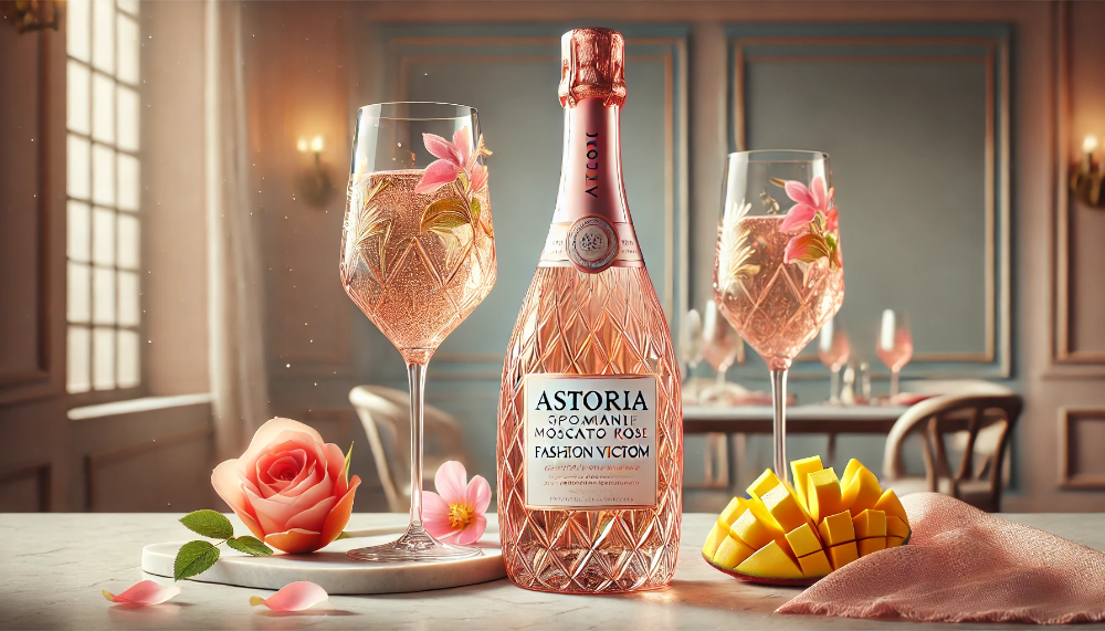 Охолоджена пляшка Astoria Moscato Rose з келихами тюльпан, тропічними фруктами та пелюстками троянд