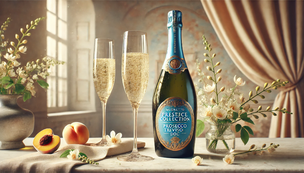 Охолоджена пляшка Mionetto Prosecco з келихами та декором із квітів акації на мармуровій поверхні