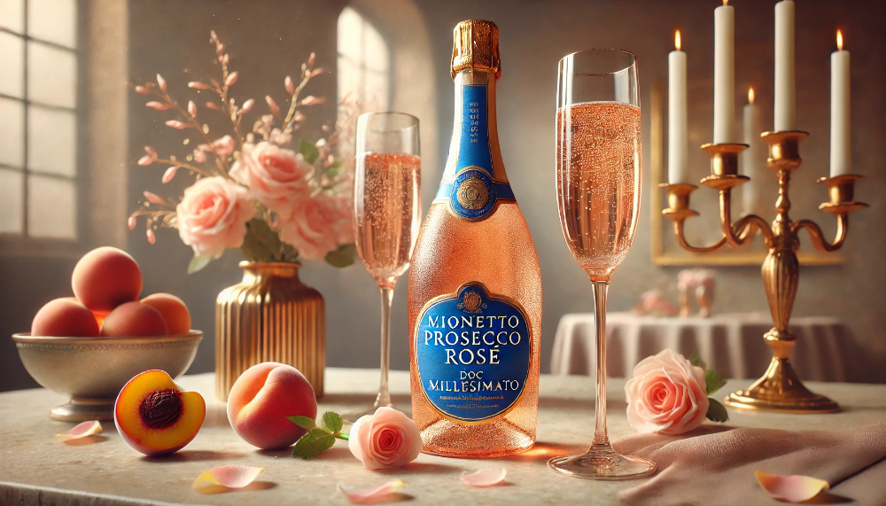 Охолоджена пляшка Mionetto Prosecco Rosé з келихами та пелюстками троянд на мармуровій поверхні