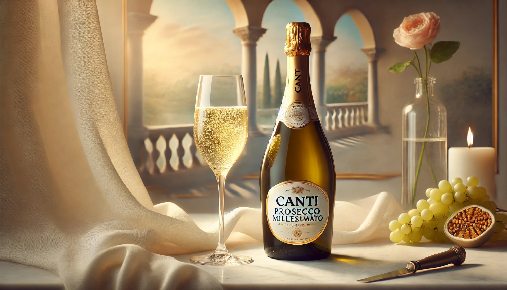 Пляшка Canti Prosecco Millesimato на мармуровому столі з келихом на фоні італійського саду у променях призахідного сонця