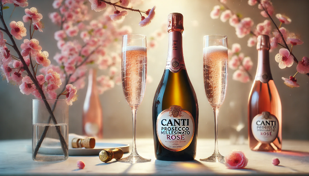 Пляшка Canti Prosecco Millesimato Rosé з двома келихами на мармуровому столі на фоні квітучої сакури