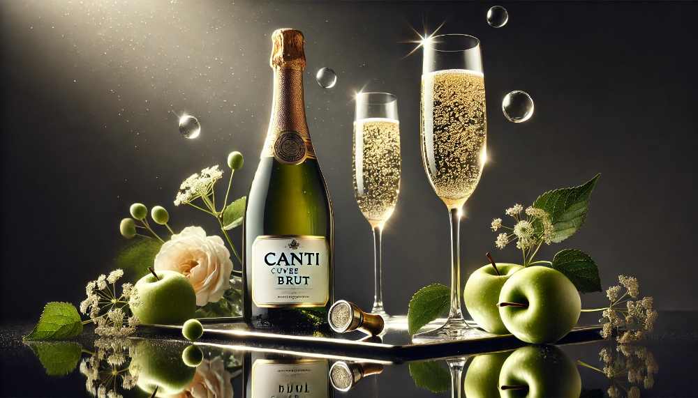 Пляшка Canti Cuvee Brut та два келихи ігристого вина на підносі з зеленими яблуками та квітами