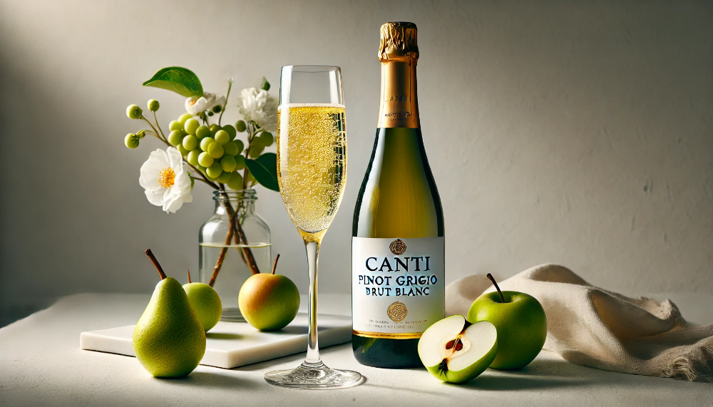 Пляшка Canti Pinot Grigio Brut Blanc та келих ігристого вина на мармурі з грушами та яблуками