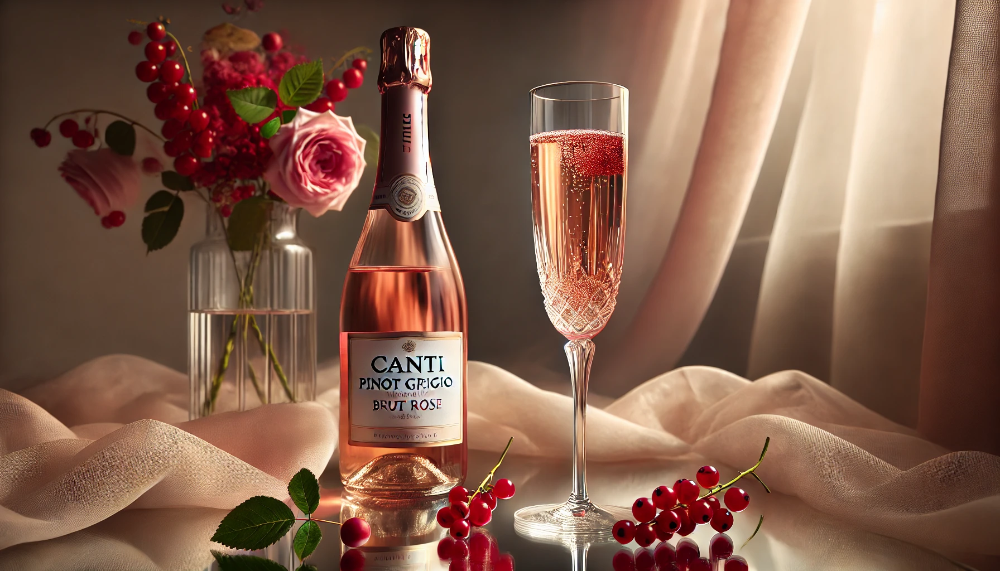  Пляшка Canti Pinot Grigio Brut Rose та келих рожевого ігристого на кришталевому столику з ягодами