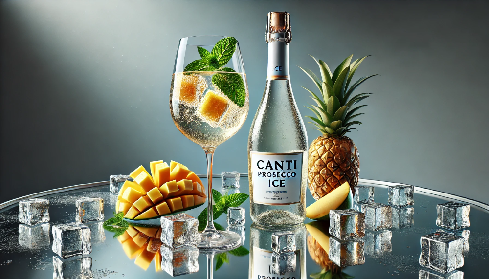 Пляшка Canti Prosecco Ice і келих з ігристим вином та льодом на скляному столику з тропічними фруктами