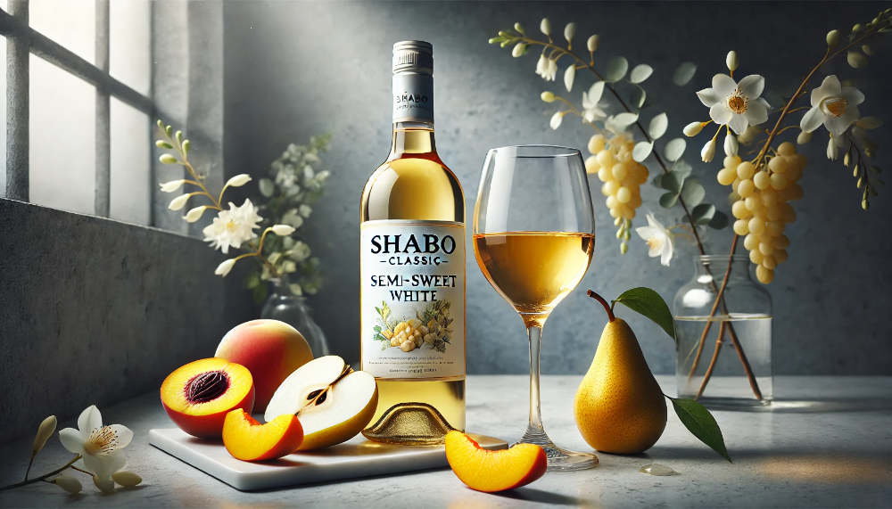 Пляшка Shabo Classic Напівсолодке Біле та келих вина на мармурі з грушею, персиком та манго