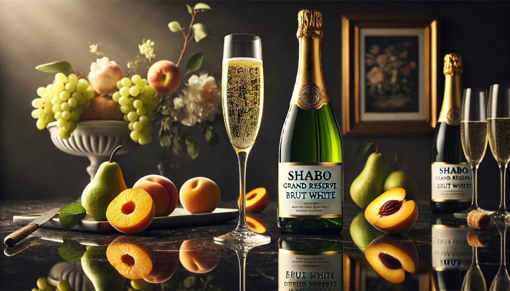 Пляшка Shabo Grand Reserve Брют з келихом ігристого на мармуровому столі в оточенні персиків та цитрусів