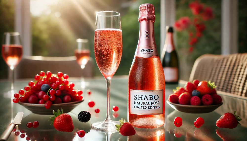 Пляшка Shabo Natural Rose Limited Edition з келихом ігристого на скляному столі в оточенні свіжих червоних ягід